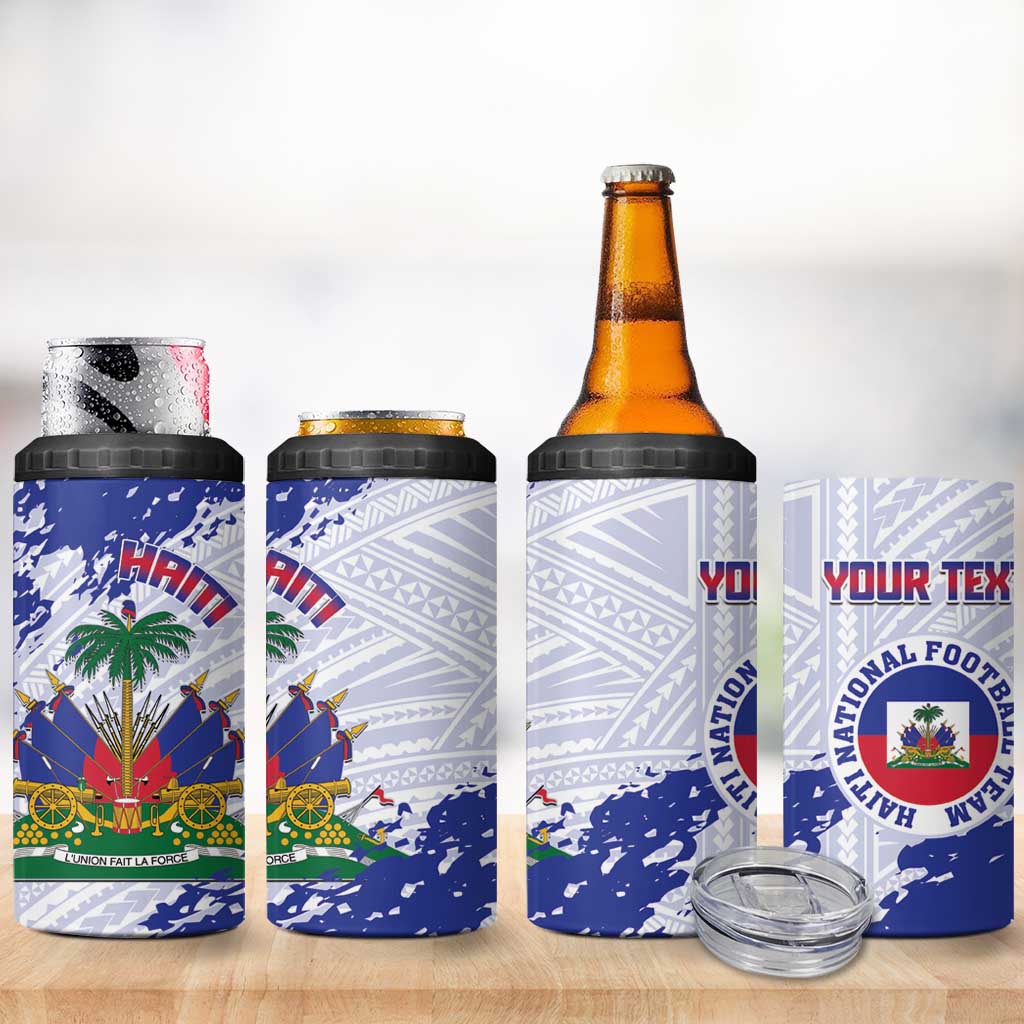 Custom Haiti Football 4 in 1 Can Cooler Tumbler Les Grenadiers Blue Grunge Polynesian Tattoo - Wonder Print Shop