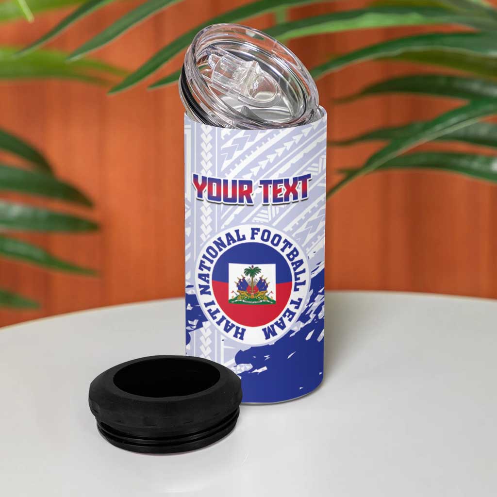 Custom Haiti Football 4 in 1 Can Cooler Tumbler Les Grenadiers Blue Grunge Polynesian Tattoo - Wonder Print Shop