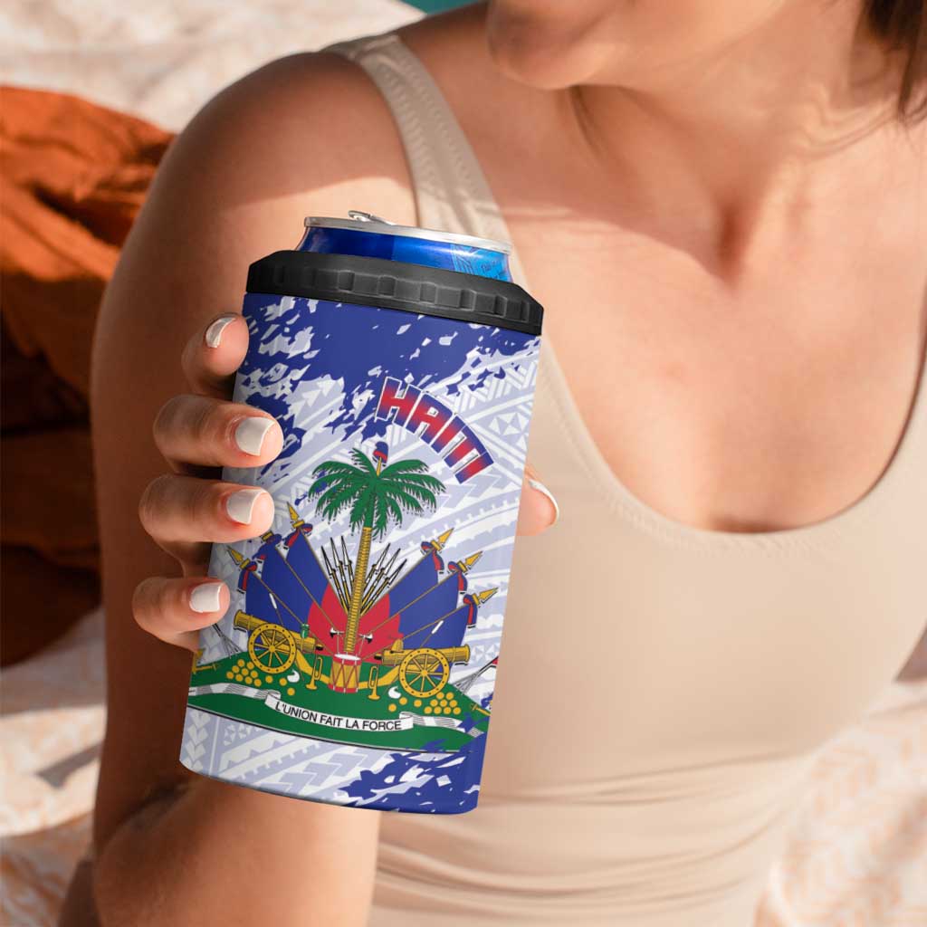 Custom Haiti Football 4 in 1 Can Cooler Tumbler Les Grenadiers Blue Grunge Polynesian Tattoo - Wonder Print Shop