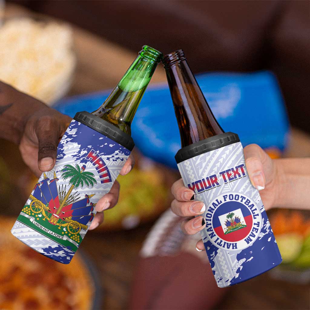 Custom Haiti Football 4 in 1 Can Cooler Tumbler Les Grenadiers Blue Grunge Polynesian Tattoo - Wonder Print Shop