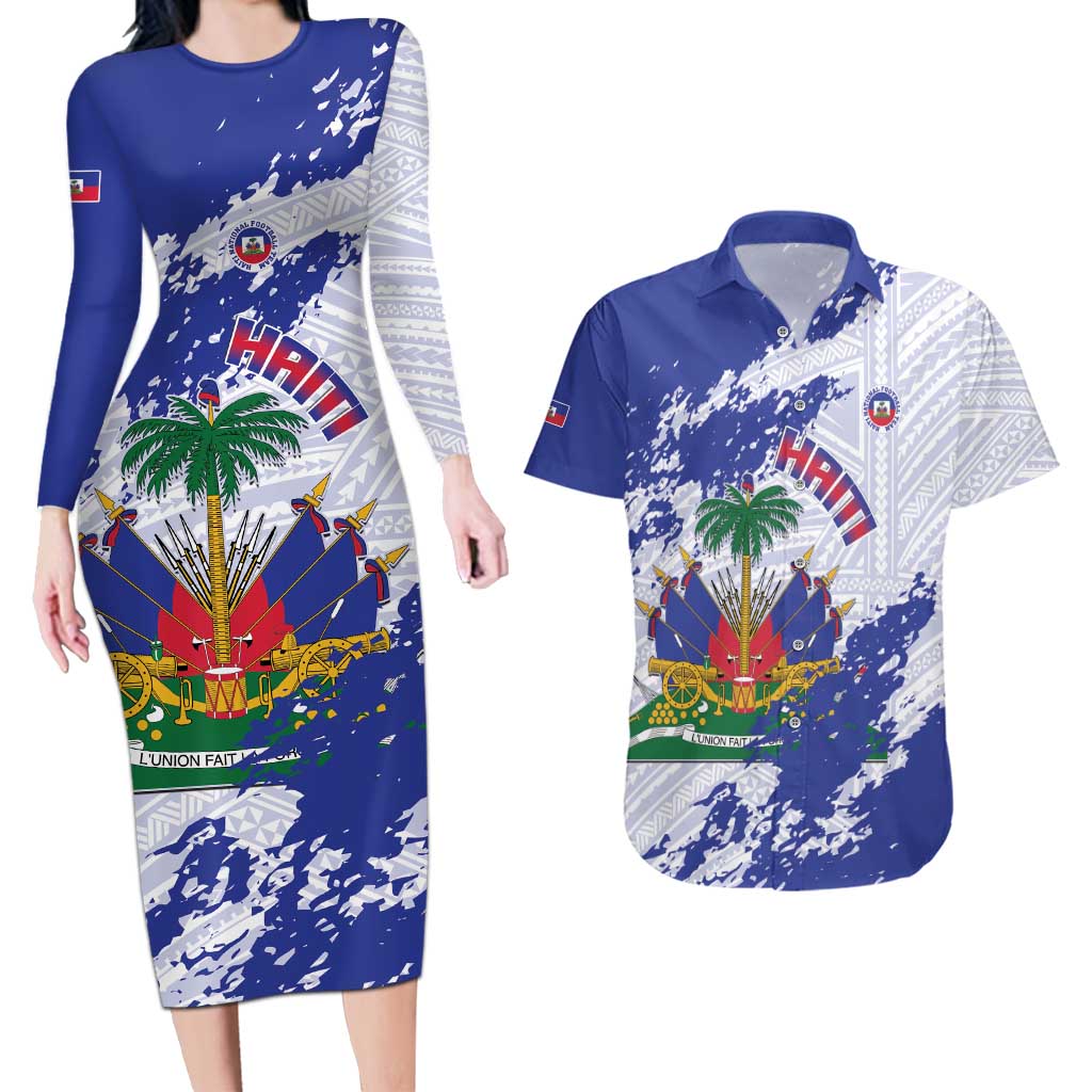 Custom Haiti Football Couples Matching Long Sleeve Bodycon Dress and Hawaiian Shirt Les Grenadiers Blue Grunge Polynesian Tattoo - Wonder Print Shop