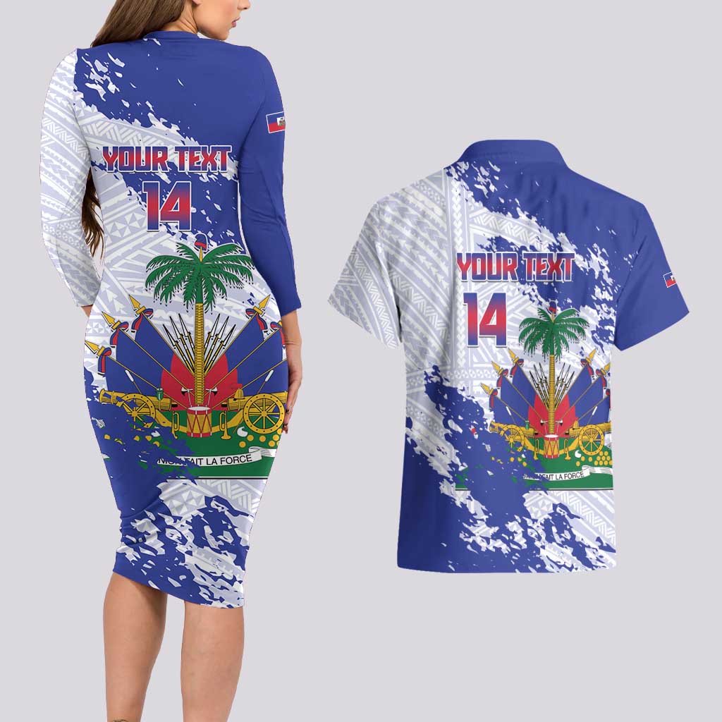 Custom Haiti Football Couples Matching Long Sleeve Bodycon Dress and Hawaiian Shirt Les Grenadiers Blue Grunge Polynesian Tattoo - Wonder Print Shop