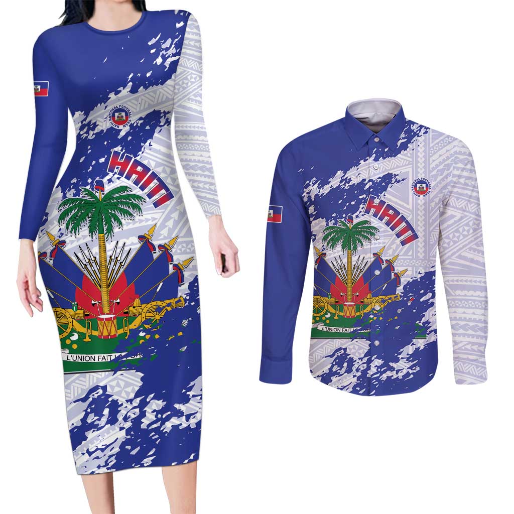 Custom Haiti Football Couples Matching Long Sleeve Bodycon Dress and Long Sleeve Button Shirt Les Grenadiers Blue Grunge Polynesian Tattoo - Wonder Print Shop