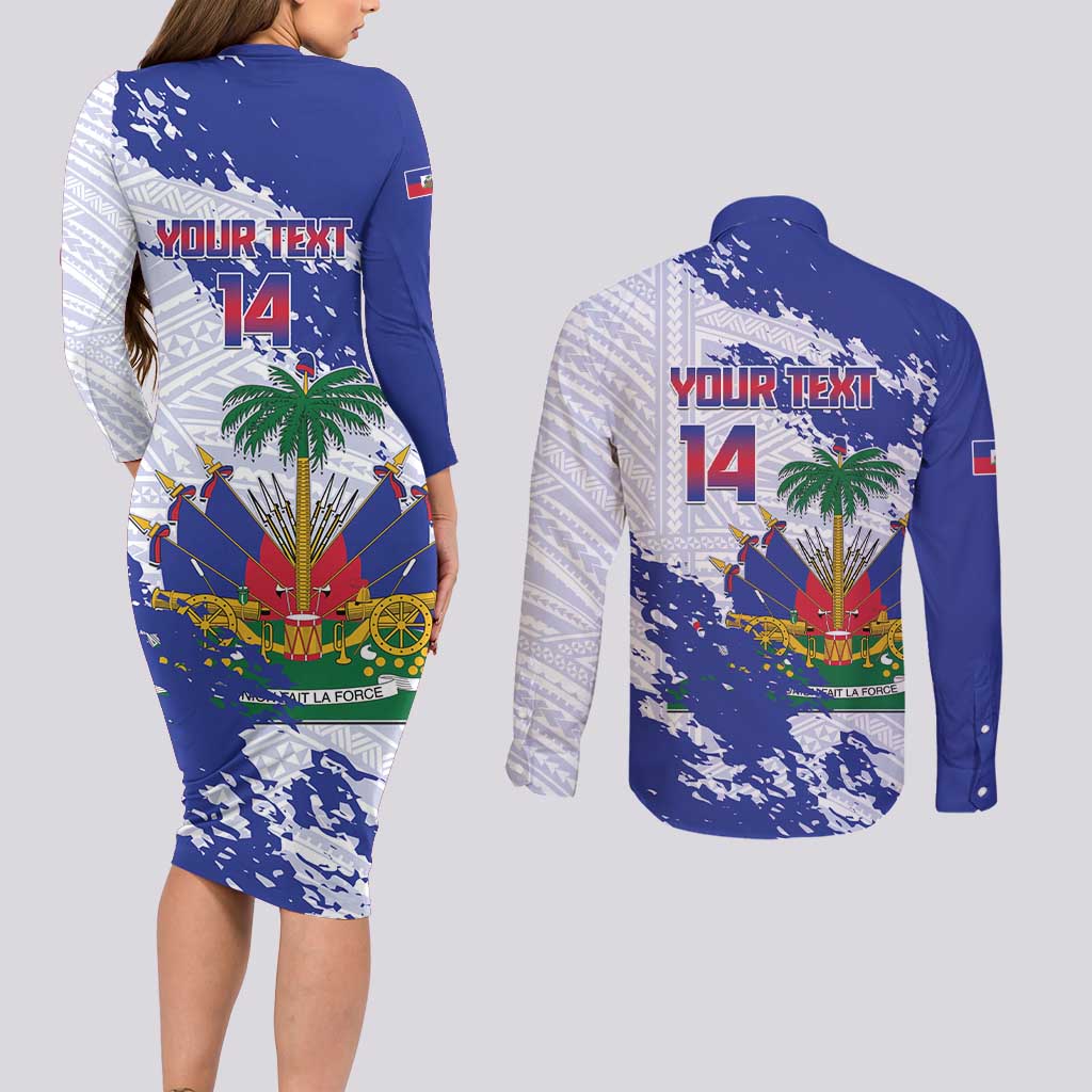 Custom Haiti Football Couples Matching Long Sleeve Bodycon Dress and Long Sleeve Button Shirt Les Grenadiers Blue Grunge Polynesian Tattoo - Wonder Print Shop