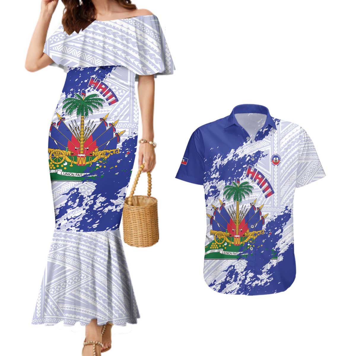 Custom Haiti Football Couples Matching Mermaid Dress and Hawaiian Shirt Les Grenadiers Blue Grunge Polynesian Tattoo - Wonder Print Shop