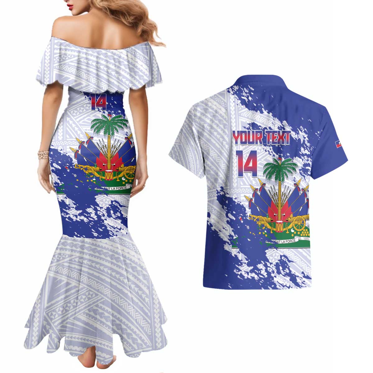 Custom Haiti Football Couples Matching Mermaid Dress and Hawaiian Shirt Les Grenadiers Blue Grunge Polynesian Tattoo - Wonder Print Shop
