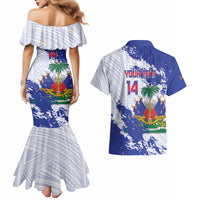 Custom Haiti Football Couples Matching Mermaid Dress and Hawaiian Shirt Les Grenadiers Blue Grunge Polynesian Tattoo - Wonder Print Shop