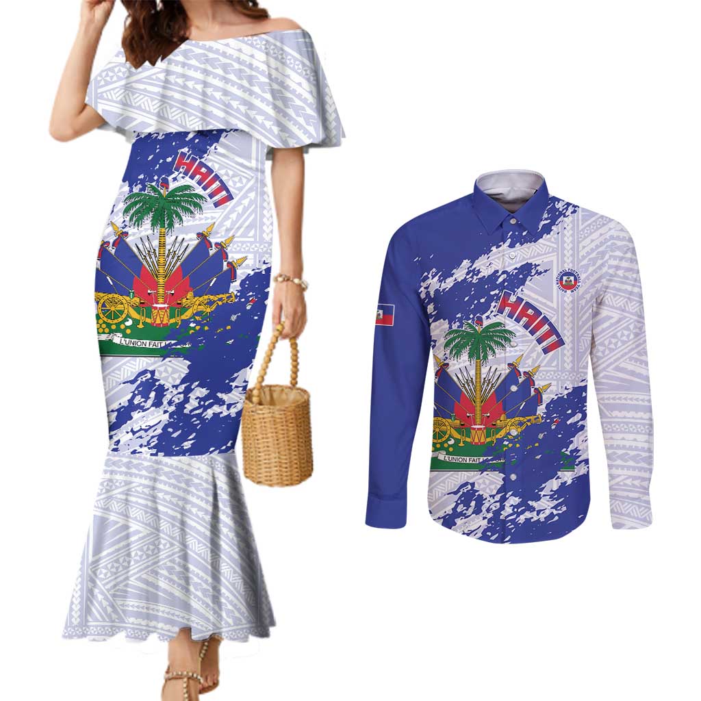 Custom Haiti Football Couples Matching Mermaid Dress and Long Sleeve Button Shirt Les Grenadiers Blue Grunge Polynesian Tattoo - Wonder Print Shop
