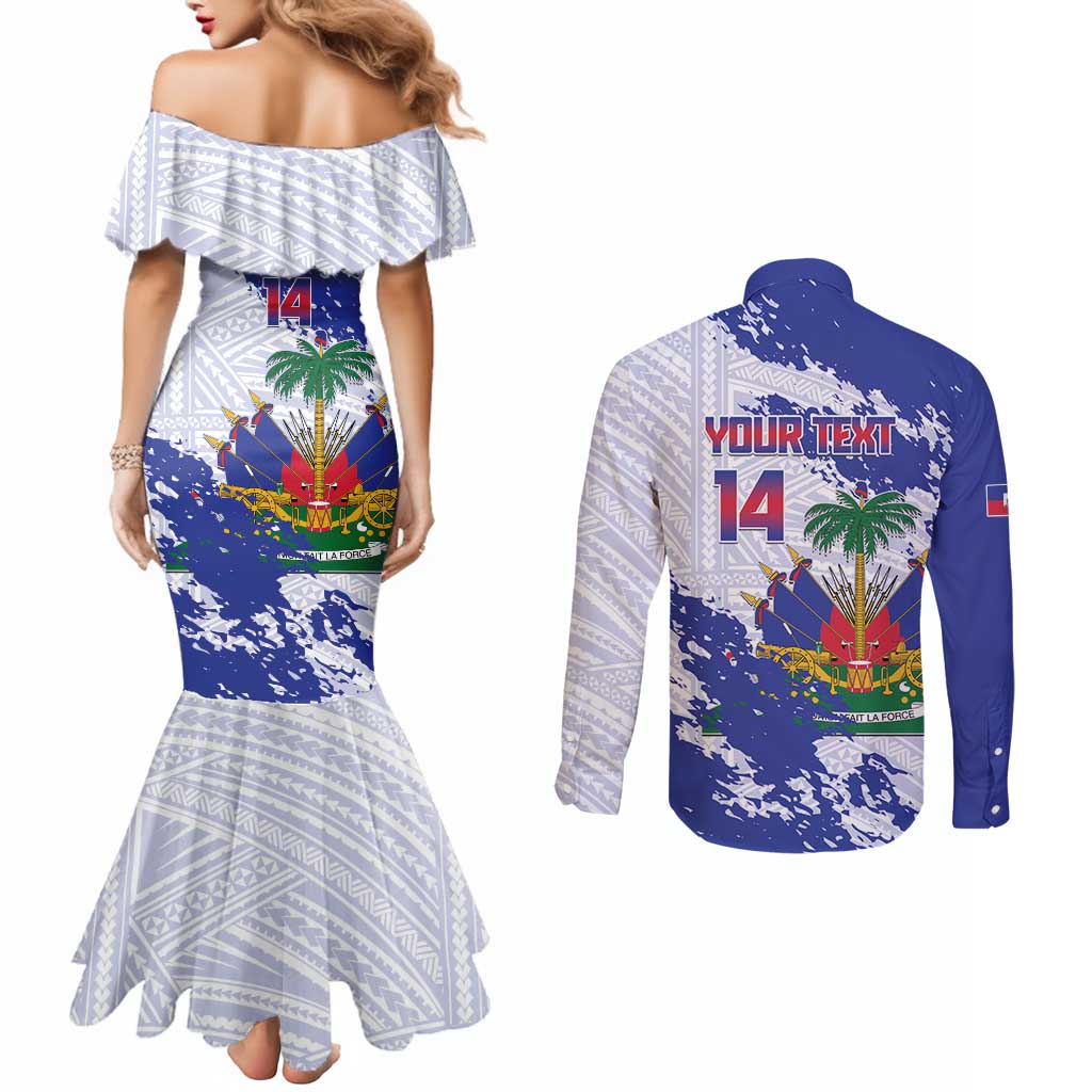 Custom Haiti Football Couples Matching Mermaid Dress and Long Sleeve Button Shirt Les Grenadiers Blue Grunge Polynesian Tattoo - Wonder Print Shop