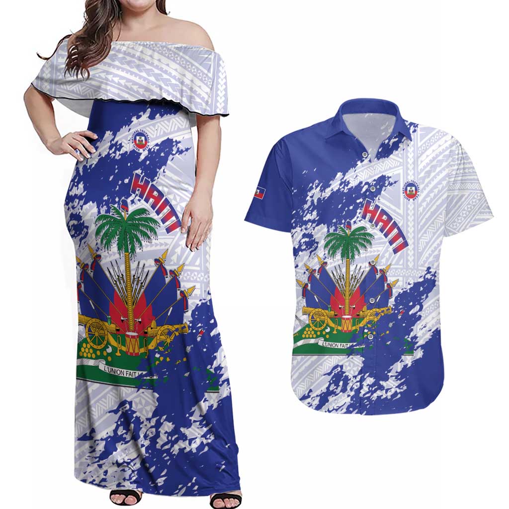 Custom Haiti Football Couples Matching Off Shoulder Maxi Dress and Hawaiian Shirt Les Grenadiers Blue Grunge Polynesian Tattoo - Wonder Print Shop