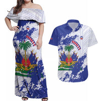 Custom Haiti Football Couples Matching Off Shoulder Maxi Dress and Hawaiian Shirt Les Grenadiers Blue Grunge Polynesian Tattoo - Wonder Print Shop