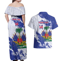 Custom Haiti Football Couples Matching Off Shoulder Maxi Dress and Hawaiian Shirt Les Grenadiers Blue Grunge Polynesian Tattoo - Wonder Print Shop