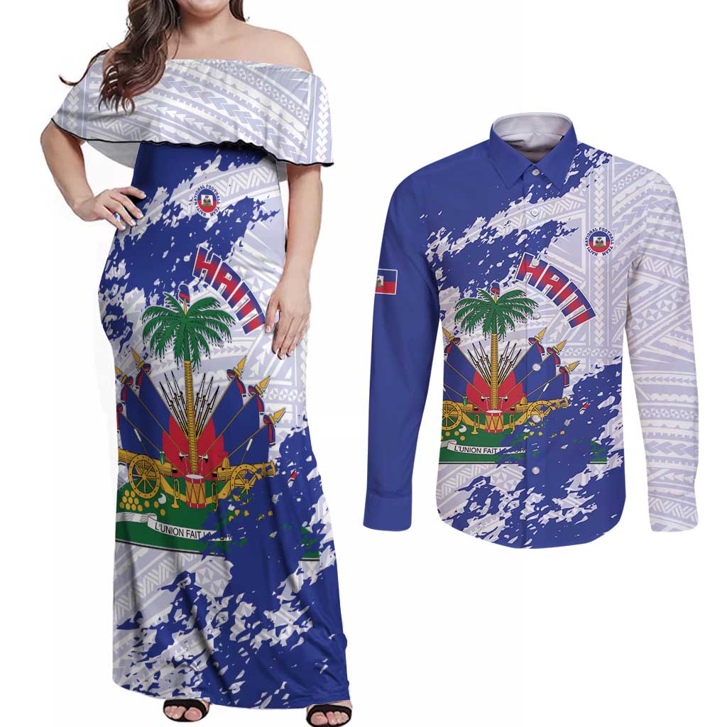 Custom Haiti Football Couples Matching Off Shoulder Maxi Dress and Long Sleeve Button Shirt Les Grenadiers Blue Grunge Polynesian Tattoo - Wonder Print Shop