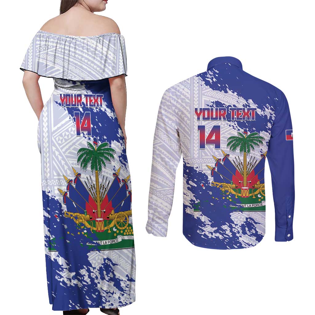 Custom Haiti Football Couples Matching Off Shoulder Maxi Dress and Long Sleeve Button Shirt Les Grenadiers Blue Grunge Polynesian Tattoo - Wonder Print Shop