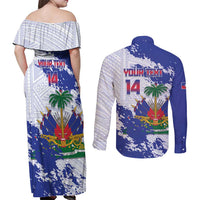 Custom Haiti Football Couples Matching Off Shoulder Maxi Dress and Long Sleeve Button Shirt Les Grenadiers Blue Grunge Polynesian Tattoo - Wonder Print Shop