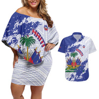 Custom Haiti Football Couples Matching Off Shoulder Short Dress and Hawaiian Shirt Les Grenadiers Blue Grunge Polynesian Tattoo - Wonder Print Shop