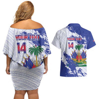 Custom Haiti Football Couples Matching Off Shoulder Short Dress and Hawaiian Shirt Les Grenadiers Blue Grunge Polynesian Tattoo - Wonder Print Shop