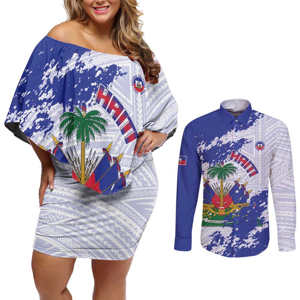 Custom Haiti Football Couples Matching Off Shoulder Short Dress and Long Sleeve Button Shirt Les Grenadiers Blue Grunge Polynesian Tattoo - Wonder Print Shop