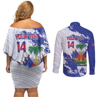 Custom Haiti Football Couples Matching Off Shoulder Short Dress and Long Sleeve Button Shirt Les Grenadiers Blue Grunge Polynesian Tattoo - Wonder Print Shop