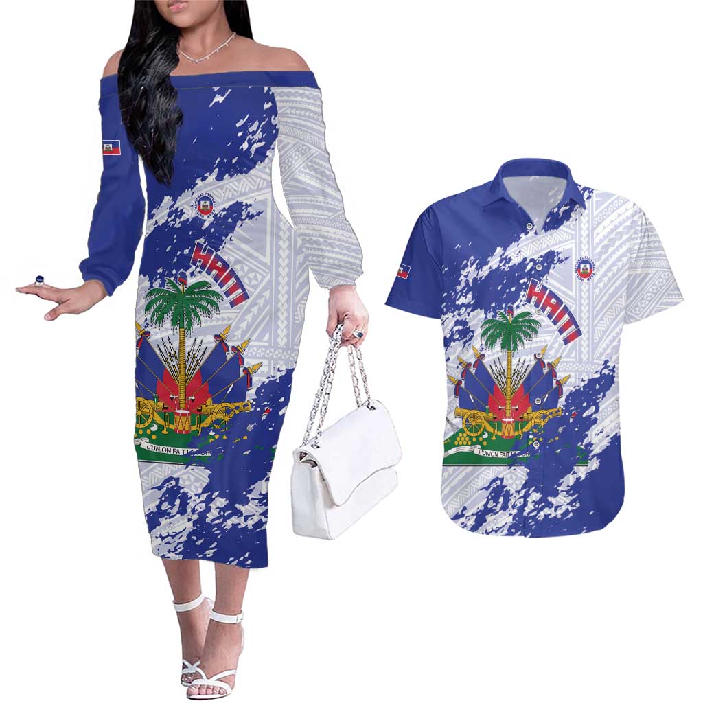 Custom Haiti Football Couples Matching Off The Shoulder Long Sleeve Dress and Hawaiian Shirt Les Grenadiers Blue Grunge Polynesian Tattoo - Wonder Print Shop