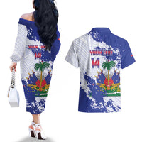 Custom Haiti Football Couples Matching Off The Shoulder Long Sleeve Dress and Hawaiian Shirt Les Grenadiers Blue Grunge Polynesian Tattoo - Wonder Print Shop
