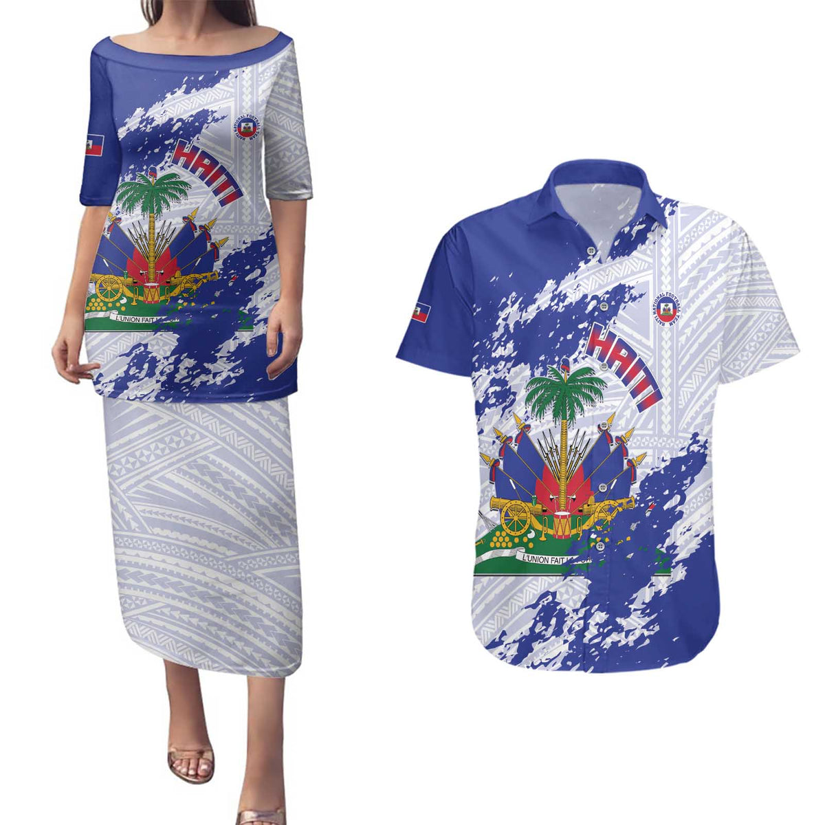 Custom Haiti Football Couples Matching Puletasi and Hawaiian Shirt Les Grenadiers Blue Grunge Polynesian Tattoo - Wonder Print Shop