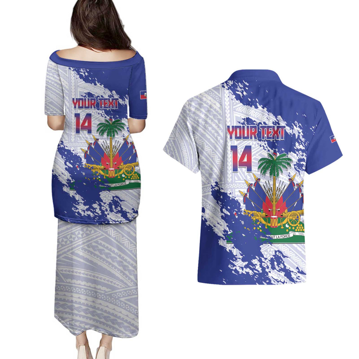 Custom Haiti Football Couples Matching Puletasi and Hawaiian Shirt Les Grenadiers Blue Grunge Polynesian Tattoo - Wonder Print Shop
