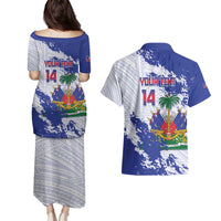 Custom Haiti Football Couples Matching Puletasi and Hawaiian Shirt Les Grenadiers Blue Grunge Polynesian Tattoo - Wonder Print Shop