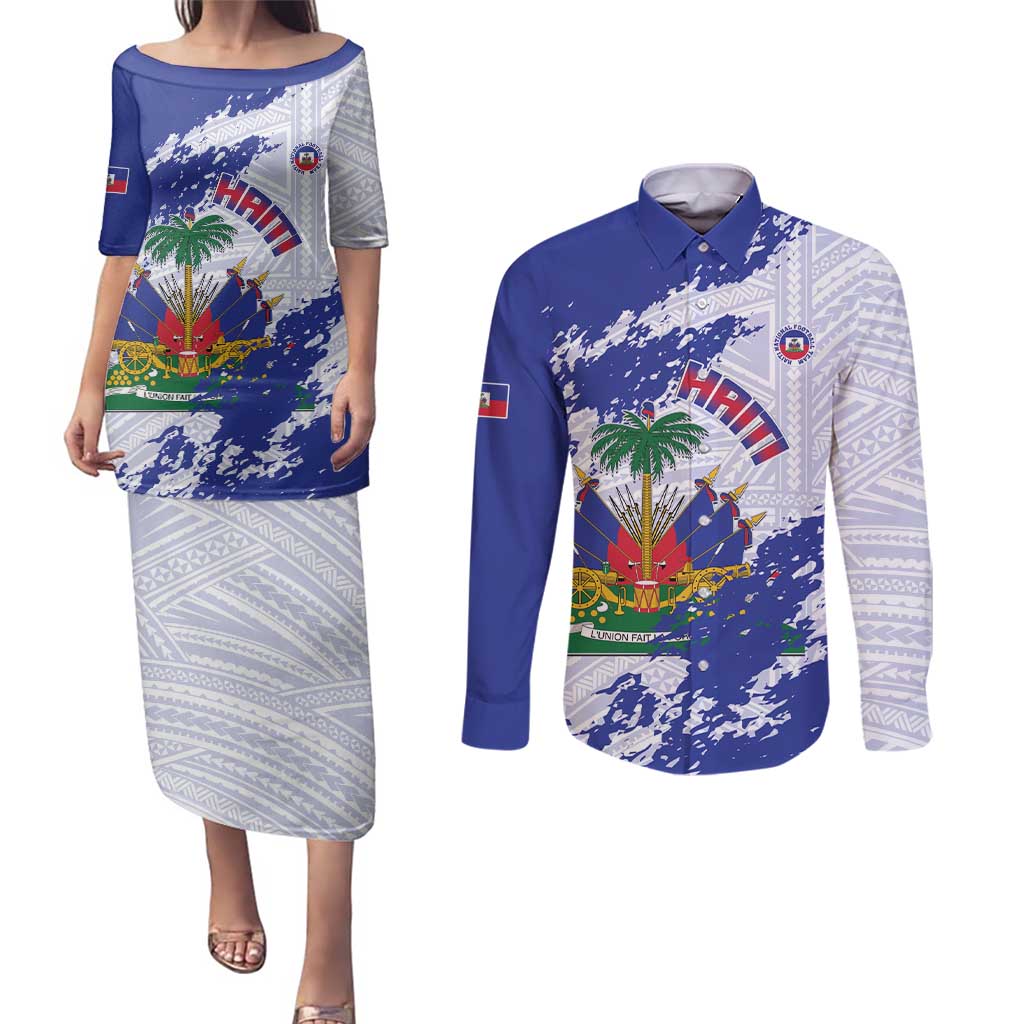 Custom Haiti Football Couples Matching Puletasi and Long Sleeve Button Shirt Les Grenadiers Blue Grunge Polynesian Tattoo - Wonder Print Shop