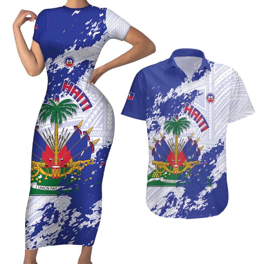 Custom Haiti Football Couples Matching Short Sleeve Bodycon Dress and Hawaiian Shirt Les Grenadiers Blue Grunge Polynesian Tattoo - Wonder Print Shop