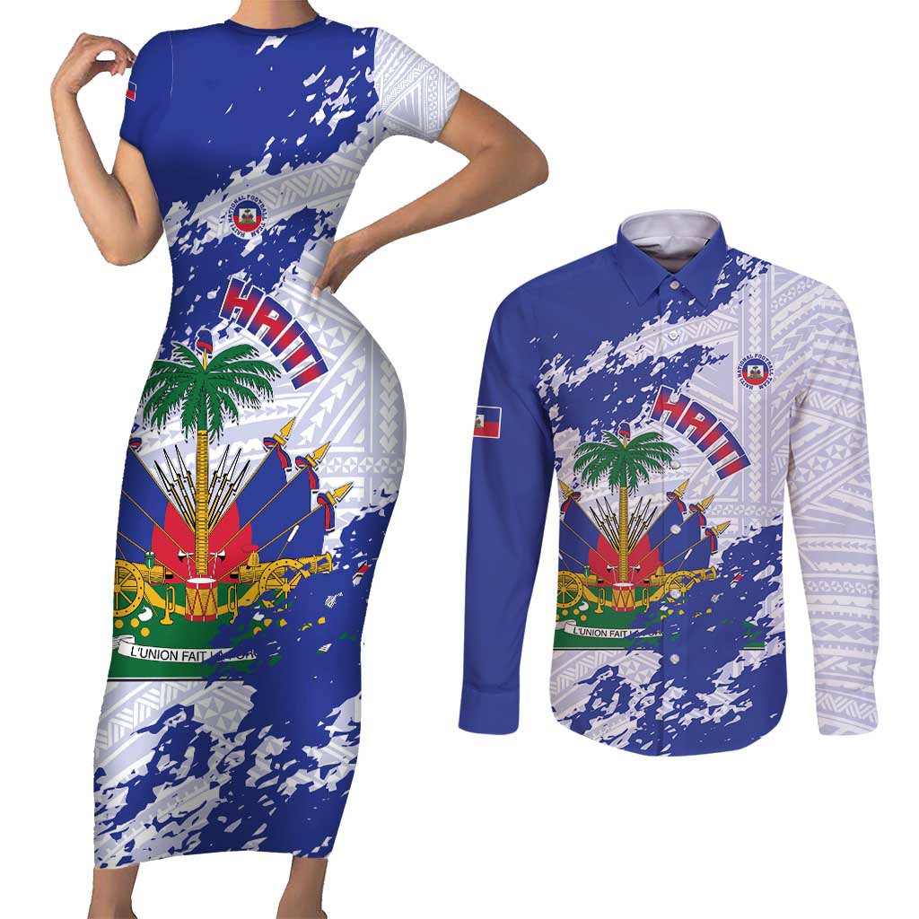 Custom Haiti Football Couples Matching Short Sleeve Bodycon Dress and Long Sleeve Button Shirt Les Grenadiers Blue Grunge Polynesian Tattoo - Wonder Print Shop