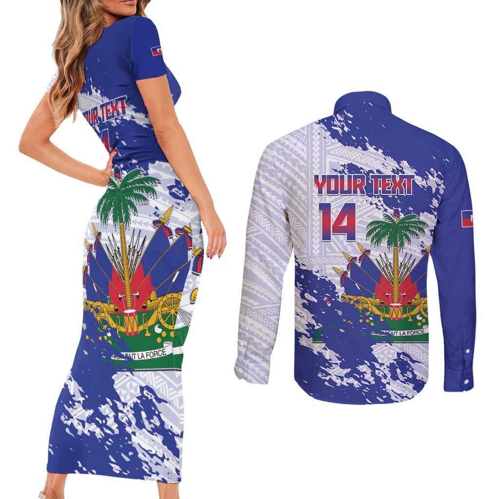 Custom Haiti Football Couples Matching Short Sleeve Bodycon Dress and Long Sleeve Button Shirt Les Grenadiers Blue Grunge Polynesian Tattoo - Wonder Print Shop