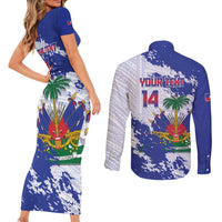 Custom Haiti Football Couples Matching Short Sleeve Bodycon Dress and Long Sleeve Button Shirt Les Grenadiers Blue Grunge Polynesian Tattoo - Wonder Print Shop