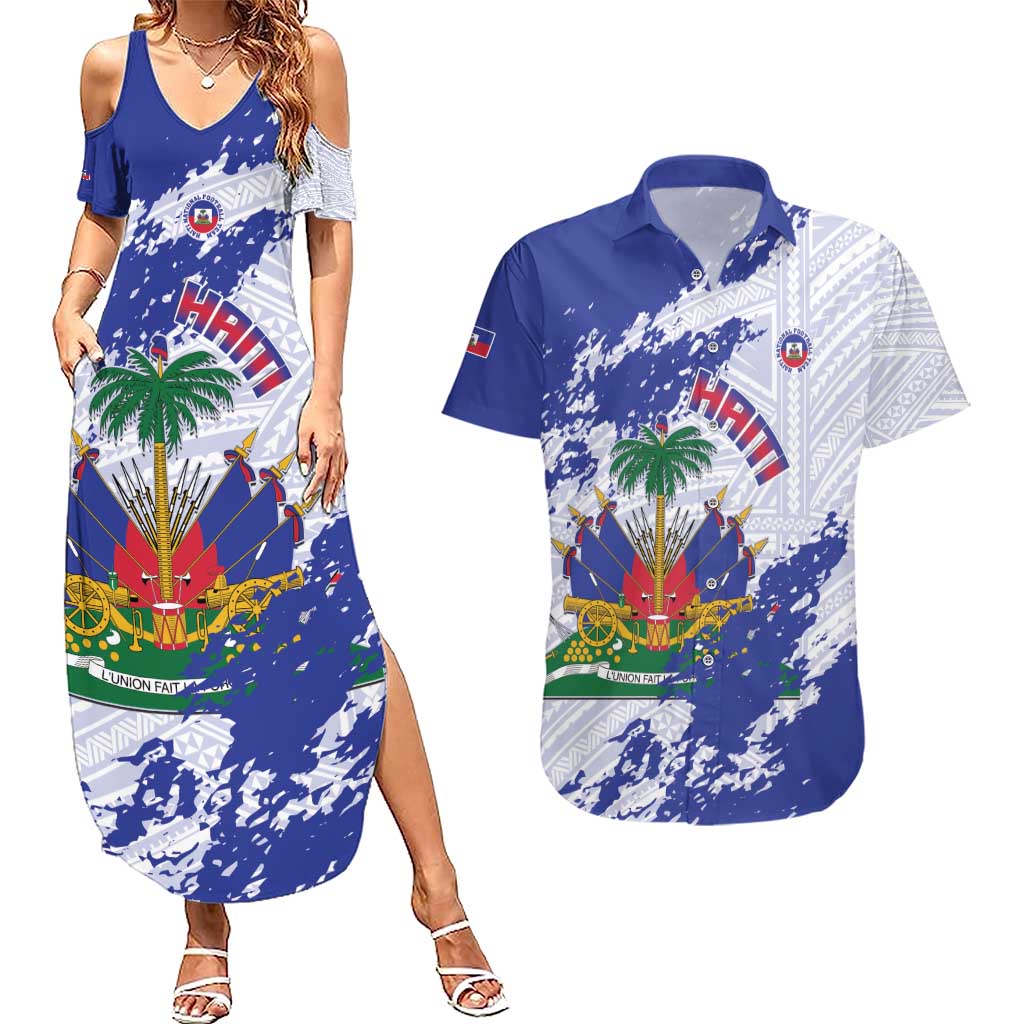 Custom Haiti Football Couples Matching Summer Maxi Dress and Hawaiian Shirt Les Grenadiers Blue Grunge Polynesian Tattoo - Wonder Print Shop