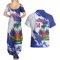 Custom Haiti Football Couples Matching Summer Maxi Dress and Hawaiian Shirt Les Grenadiers Blue Grunge Polynesian Tattoo - Wonder Print Shop