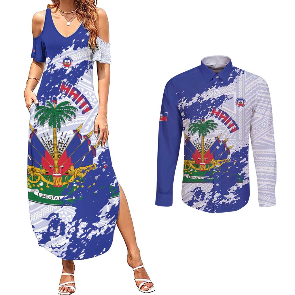 Custom Haiti Football Couples Matching Summer Maxi Dress and Long Sleeve Button Shirt Les Grenadiers Blue Grunge Polynesian Tattoo - Wonder Print Shop