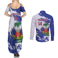 Custom Haiti Football Couples Matching Summer Maxi Dress and Long Sleeve Button Shirt Les Grenadiers Blue Grunge Polynesian Tattoo - Wonder Print Shop