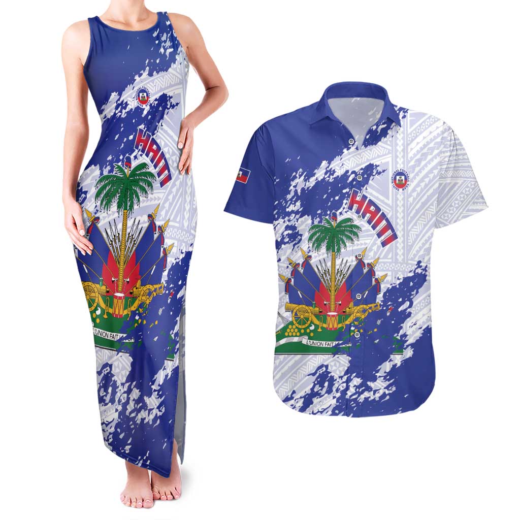 Custom Haiti Football Couples Matching Tank Maxi Dress and Hawaiian Shirt Les Grenadiers Blue Grunge Polynesian Tattoo - Wonder Print Shop