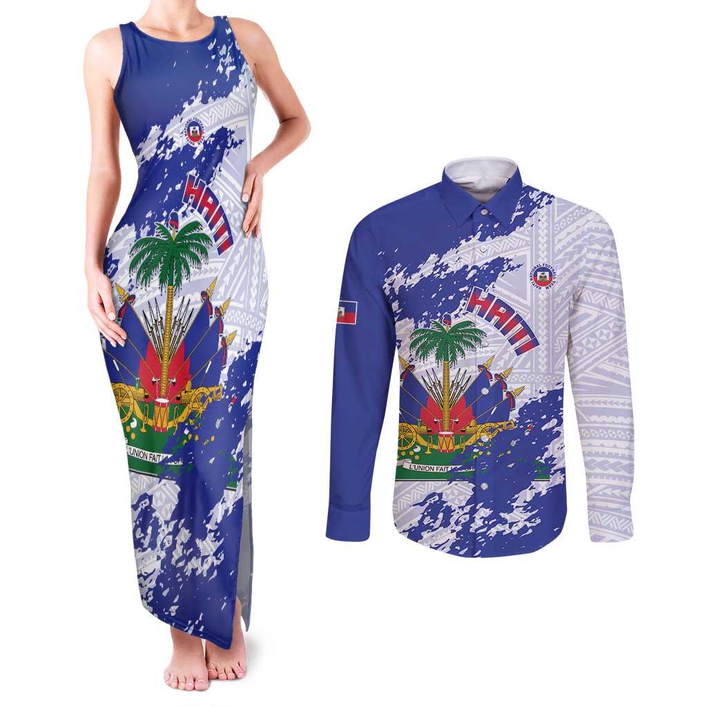 Custom Haiti Football Couples Matching Tank Maxi Dress and Long Sleeve Button Shirt Les Grenadiers Blue Grunge Polynesian Tattoo - Wonder Print Shop
