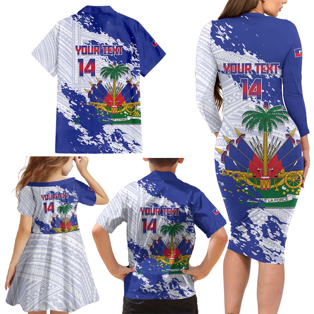 Custom Haiti Football Family Matching Long Sleeve Bodycon Dress and Hawaiian Shirt Les Grenadiers Blue Grunge Polynesian Tattoo - Wonder Print Shop