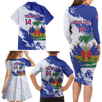 Custom Haiti Football Family Matching Long Sleeve Bodycon Dress and Hawaiian Shirt Les Grenadiers Blue Grunge Polynesian Tattoo - Wonder Print Shop
