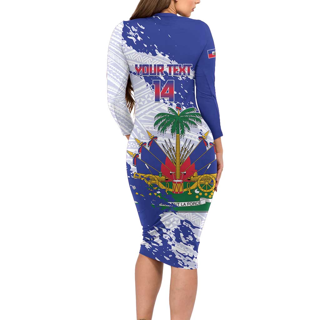 Custom Haiti Football Family Matching Long Sleeve Bodycon Dress and Hawaiian Shirt Les Grenadiers Blue Grunge Polynesian Tattoo - Wonder Print Shop
