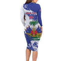Custom Haiti Football Family Matching Long Sleeve Bodycon Dress and Hawaiian Shirt Les Grenadiers Blue Grunge Polynesian Tattoo - Wonder Print Shop