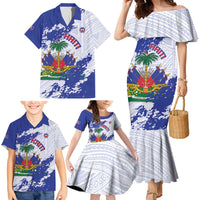 Custom Haiti Football Family Matching Mermaid Dress and Hawaiian Shirt Les Grenadiers Blue Grunge Polynesian Tattoo - Wonder Print Shop