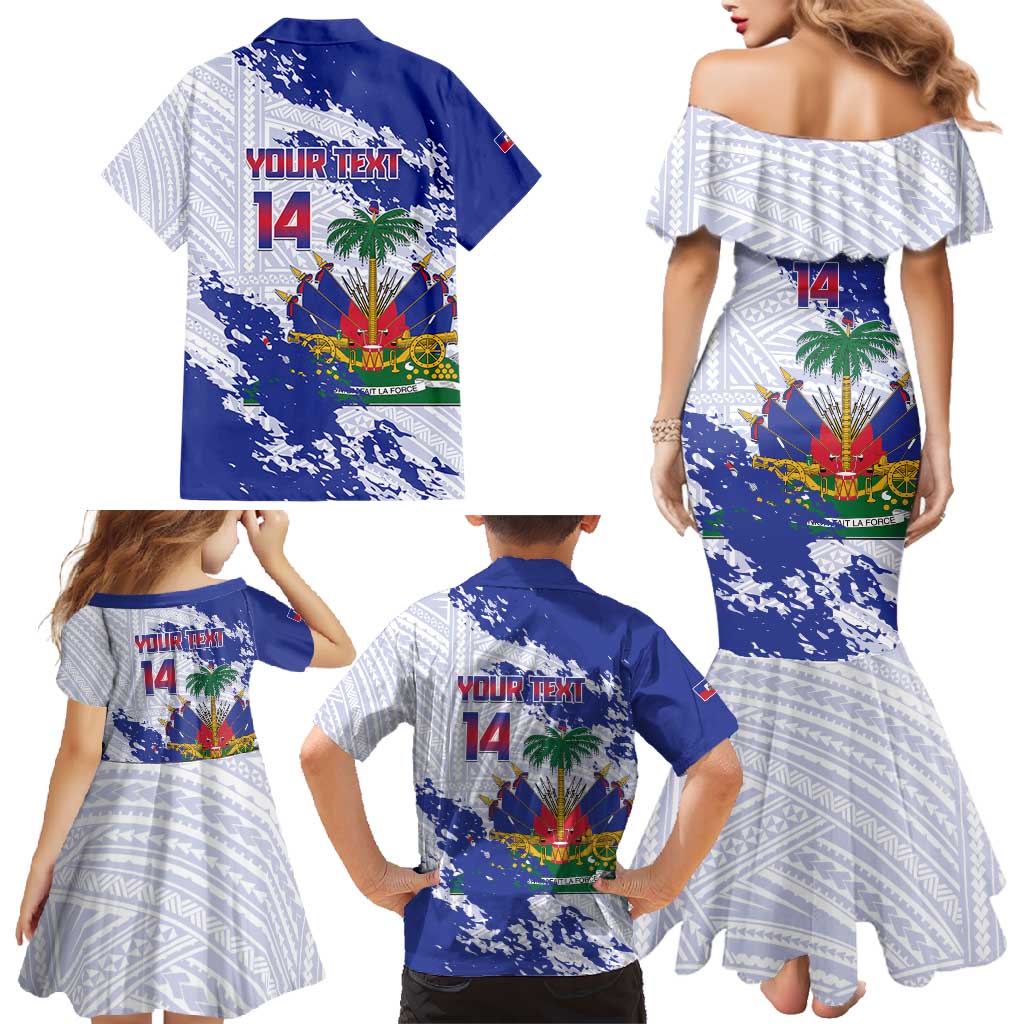 Custom Haiti Football Family Matching Mermaid Dress and Hawaiian Shirt Les Grenadiers Blue Grunge Polynesian Tattoo - Wonder Print Shop