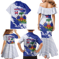 Custom Haiti Football Family Matching Mermaid Dress and Hawaiian Shirt Les Grenadiers Blue Grunge Polynesian Tattoo - Wonder Print Shop