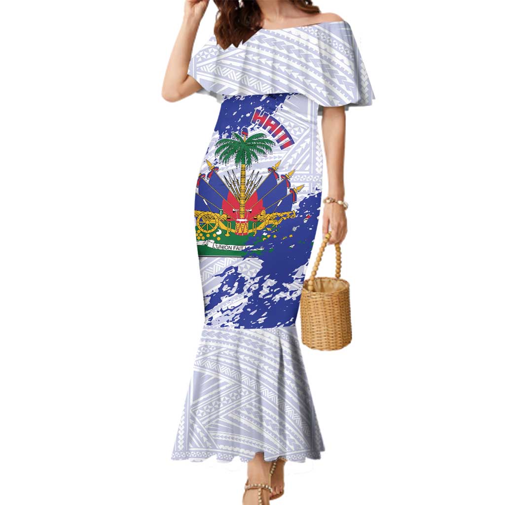 Custom Haiti Football Family Matching Mermaid Dress and Hawaiian Shirt Les Grenadiers Blue Grunge Polynesian Tattoo - Wonder Print Shop