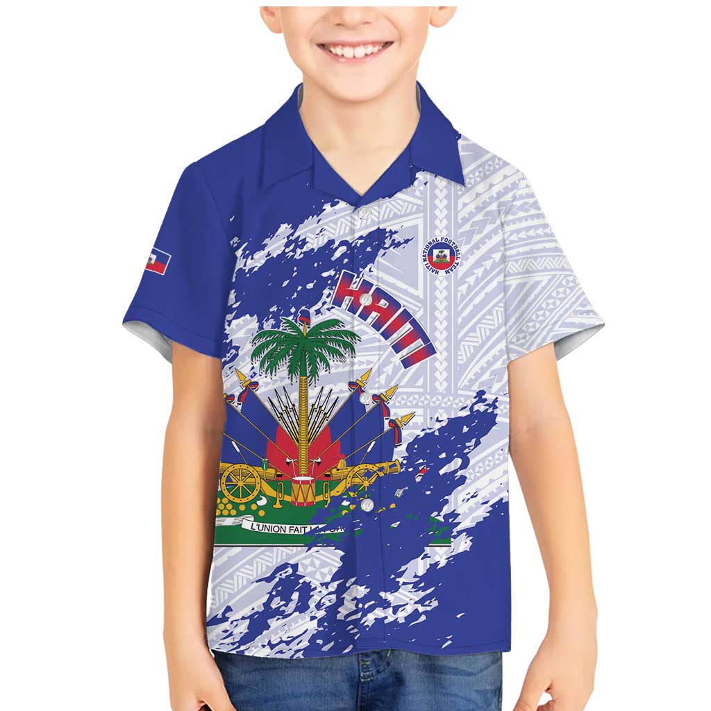 Custom Haiti Football Family Matching Mermaid Dress and Hawaiian Shirt Les Grenadiers Blue Grunge Polynesian Tattoo - Wonder Print Shop