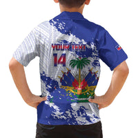 Custom Haiti Football Family Matching Off The Shoulder Long Sleeve Dress and Hawaiian Shirt Les Grenadiers Blue Grunge Polynesian Tattoo - Wonder Print Shop