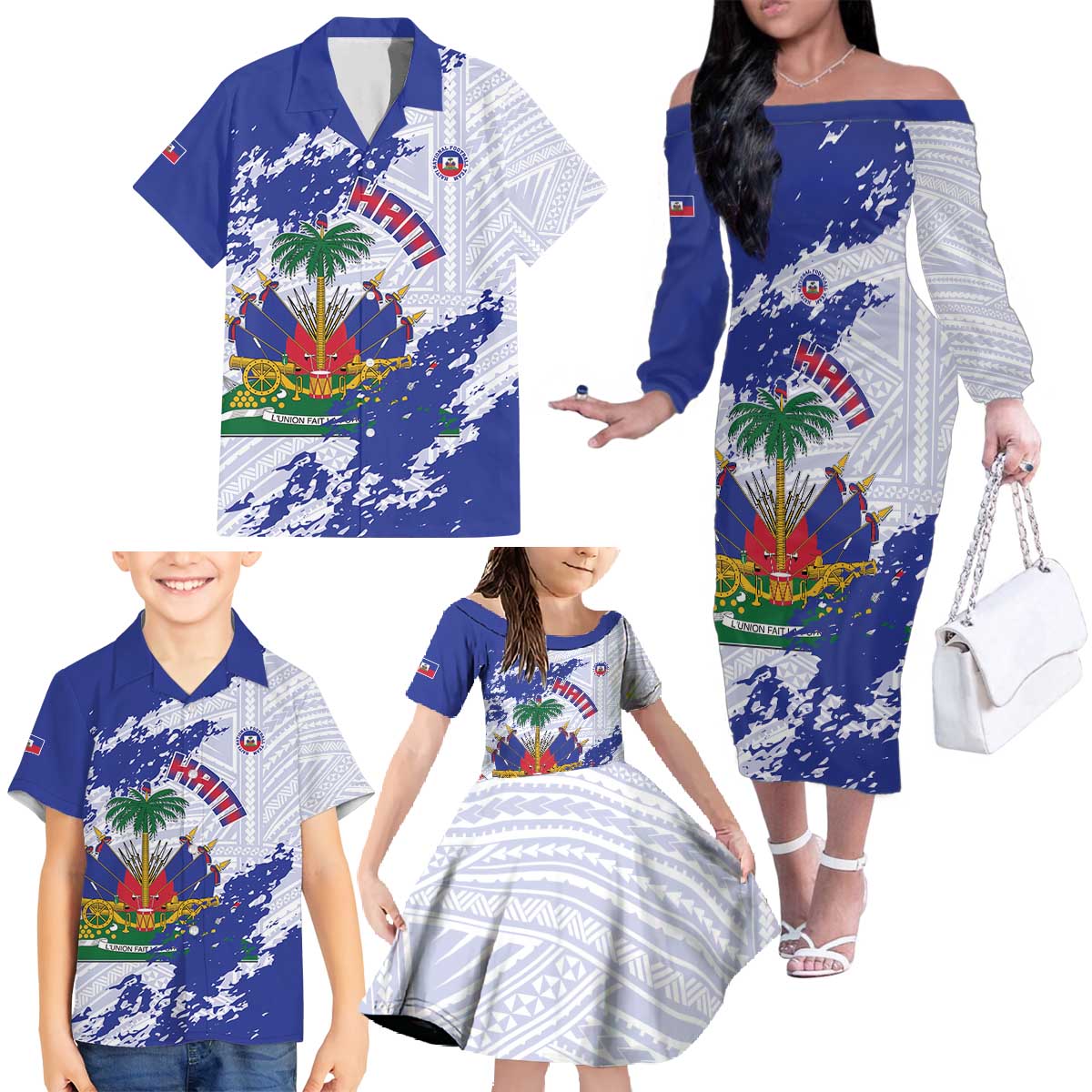 Custom Haiti Football Family Matching Off The Shoulder Long Sleeve Dress and Hawaiian Shirt Les Grenadiers Blue Grunge Polynesian Tattoo - Wonder Print Shop